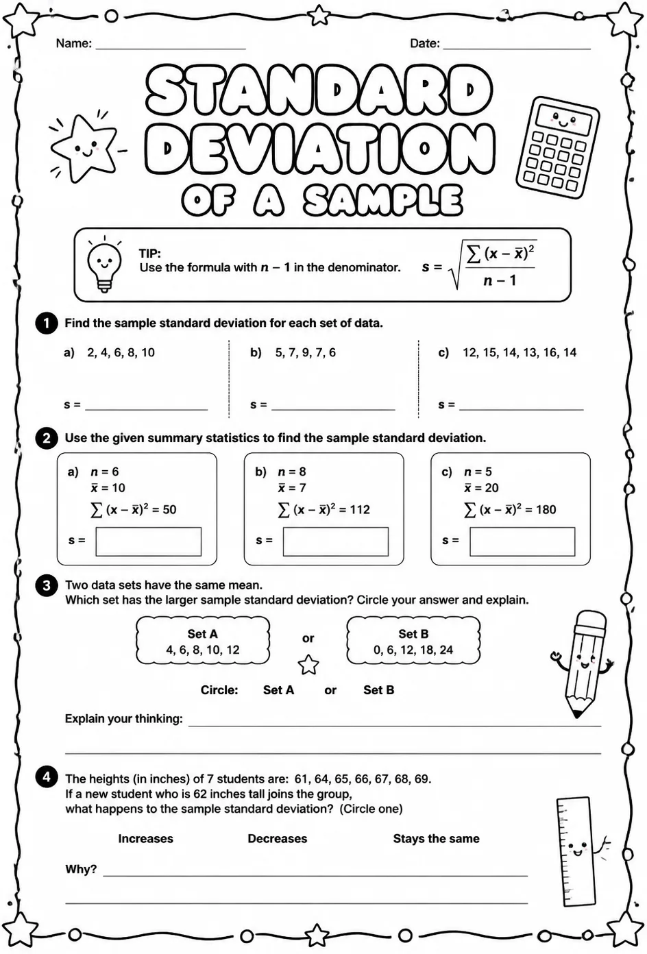 Standard deviation of a sample — free printable Algebra 2 math worksheet