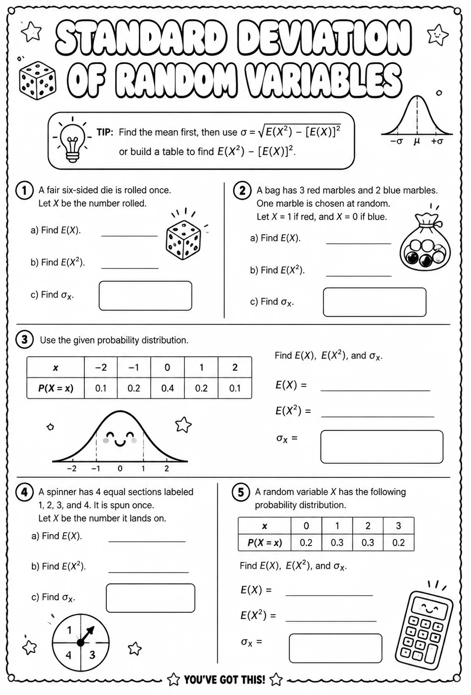 Standard deviation of random variables — free printable Algebra 2 math worksheet