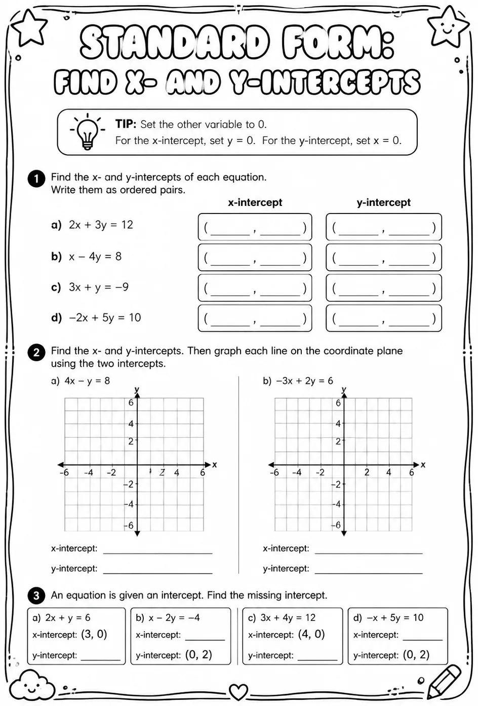 Standard form: find x- and y-intercepts — free printable Algebra 1 math worksheet