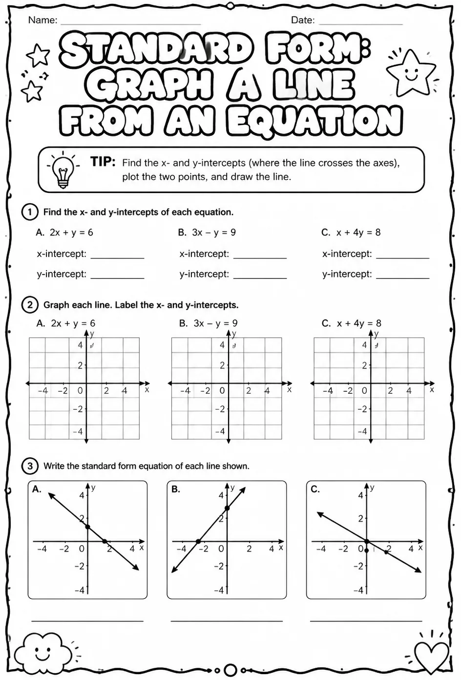 Standard form: graph a line from an equation — free printable Algebra 1 math worksheet