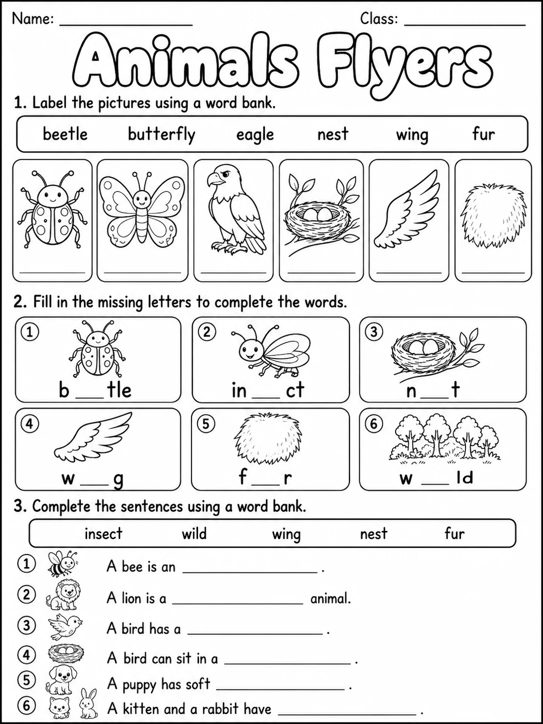 Animals Flyers Vocabulary Worksheet Pack page 2 printable worksheet preview