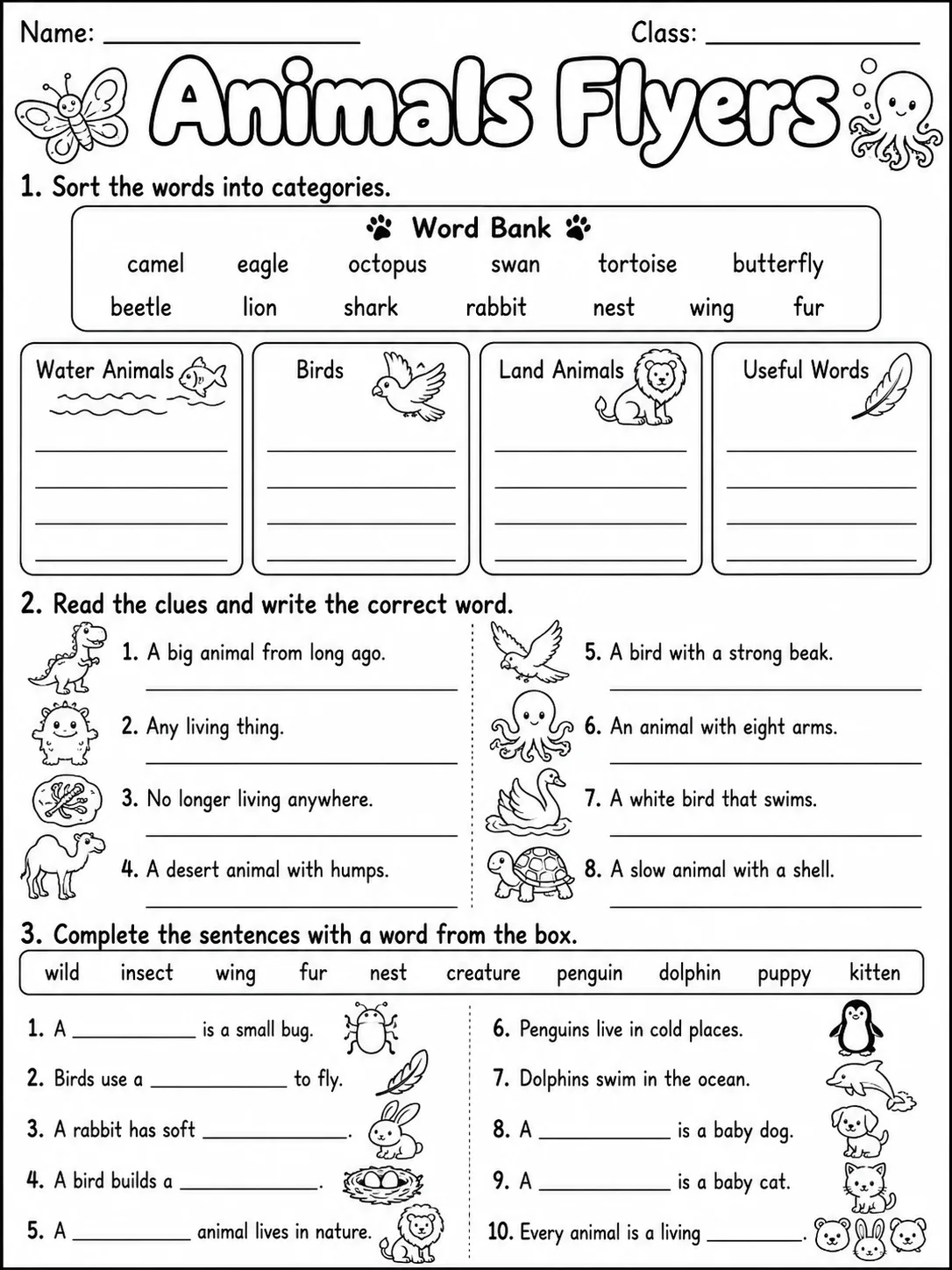 Animals Flyers Vocabulary Worksheet Pack page 3 printable worksheet preview