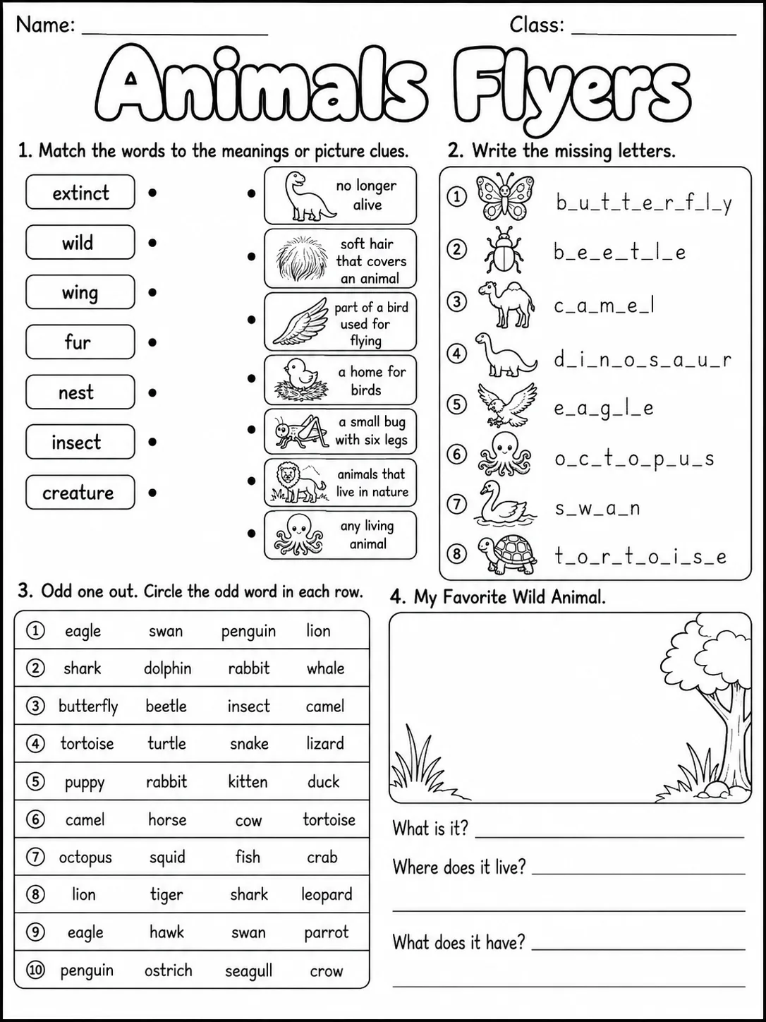 Animals Flyers Vocabulary Worksheet Pack page 5 printable worksheet preview