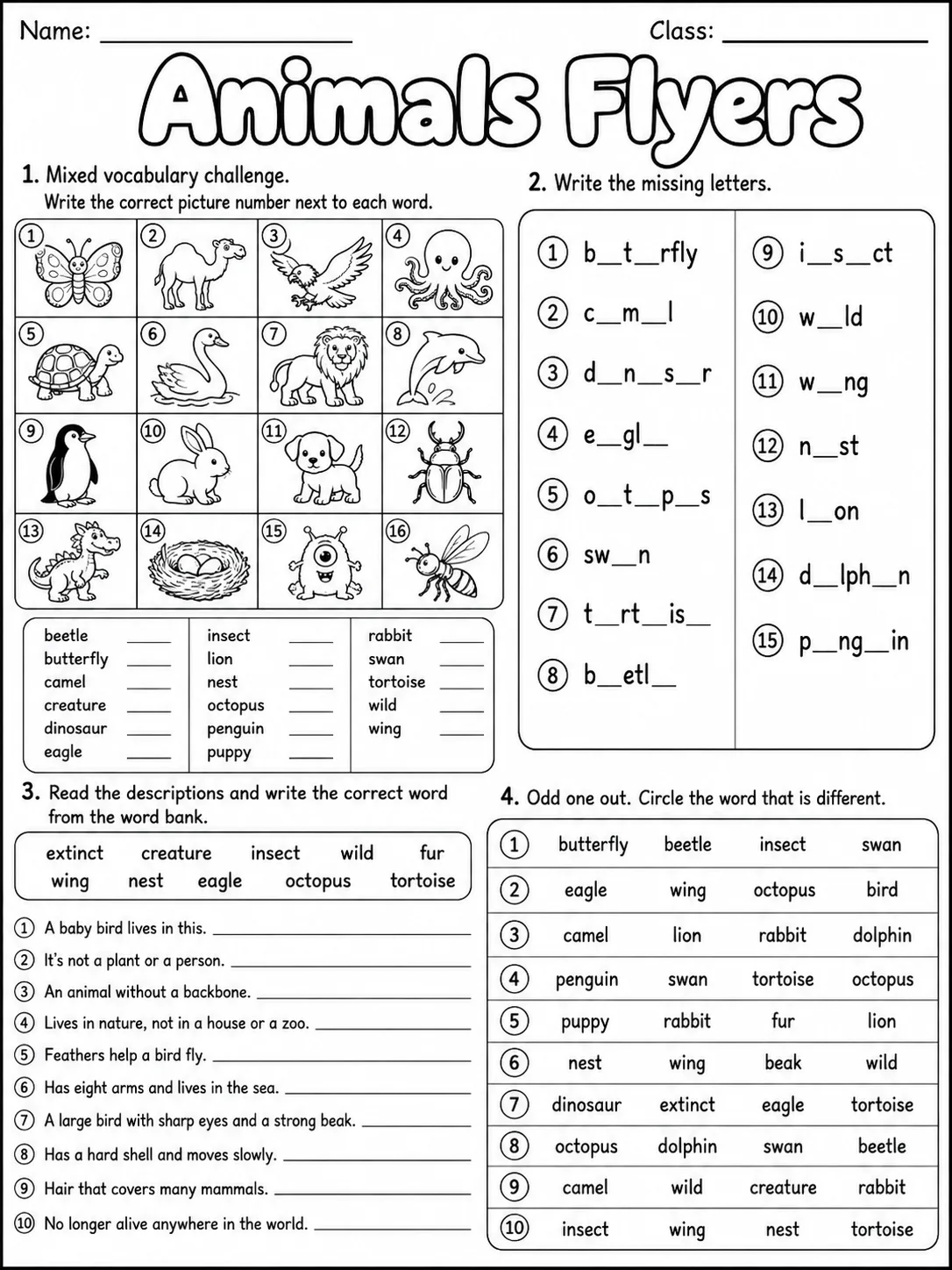 Animals Flyers Vocabulary Worksheet Pack page 8 printable worksheet preview
