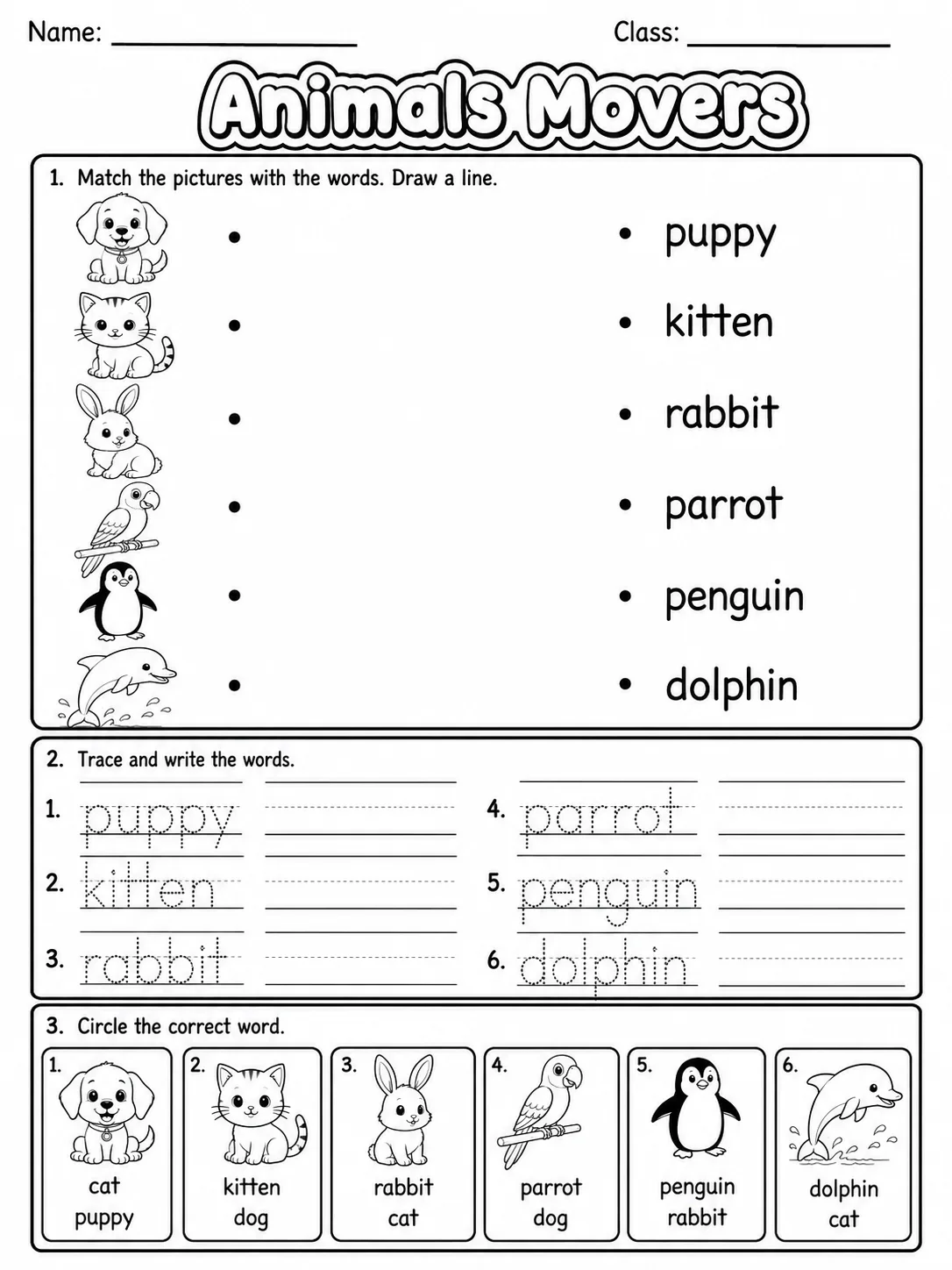 Animals Movers Vocabulary Worksheet Pack printable Movers English worksheet bundle preview from KiwiBee