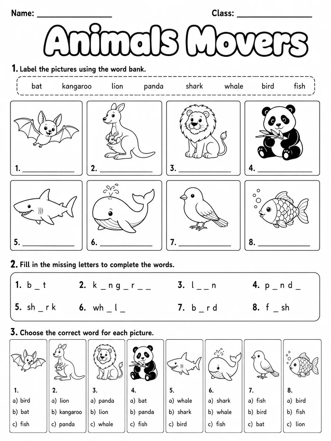 Animals Movers Vocabulary Worksheet Pack page 2 printable worksheet preview