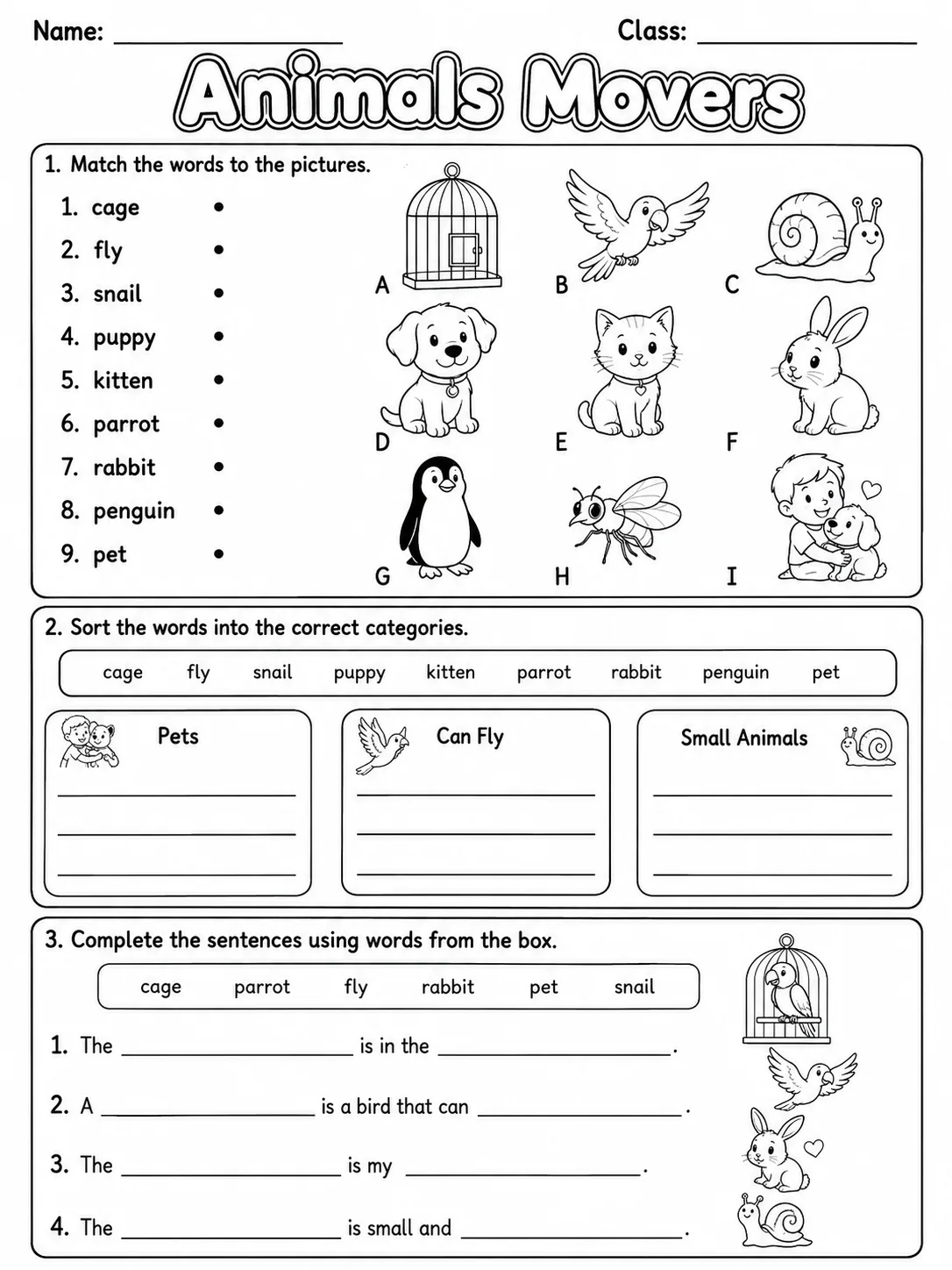 Animals Movers Vocabulary Worksheet Pack page 3 printable worksheet preview