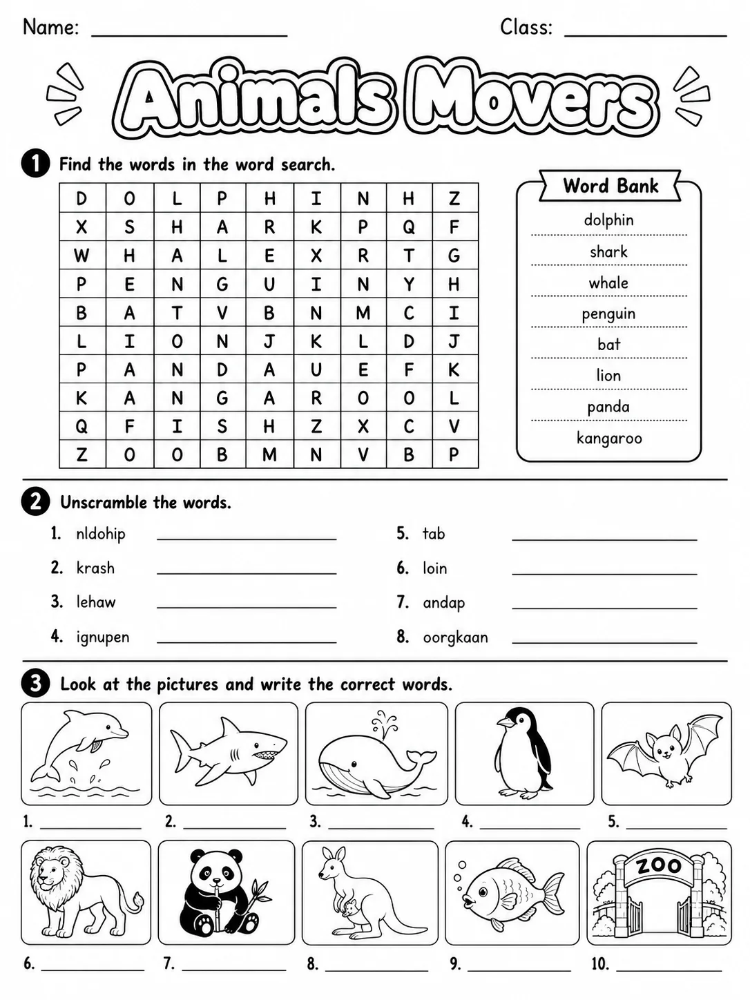 Animals Movers Vocabulary Worksheet Pack page 4 printable worksheet preview