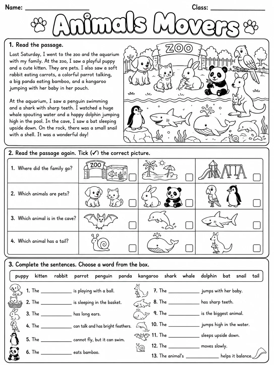 Animals Movers Vocabulary Worksheet Pack page 6 printable worksheet preview