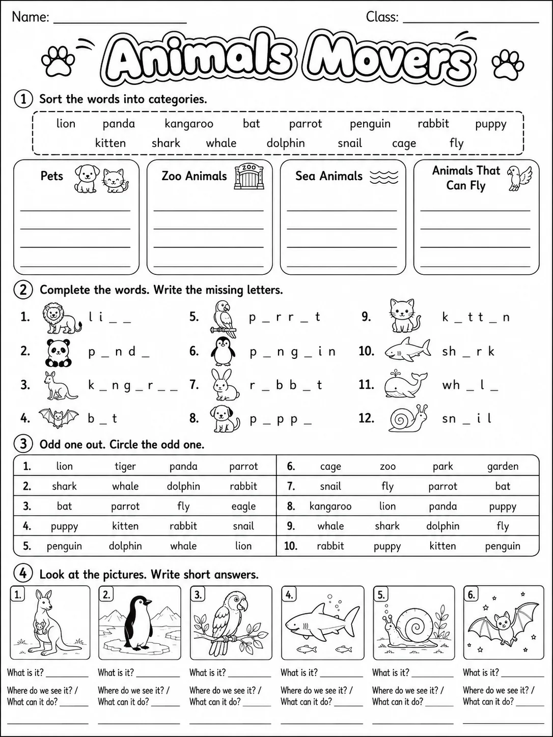 Animals Movers Vocabulary Worksheet Pack page 7 printable worksheet preview
