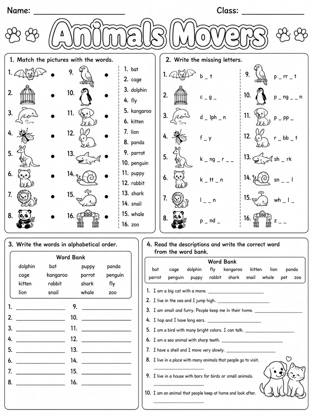 Animals Movers Vocabulary Worksheet Pack page 8 printable worksheet preview