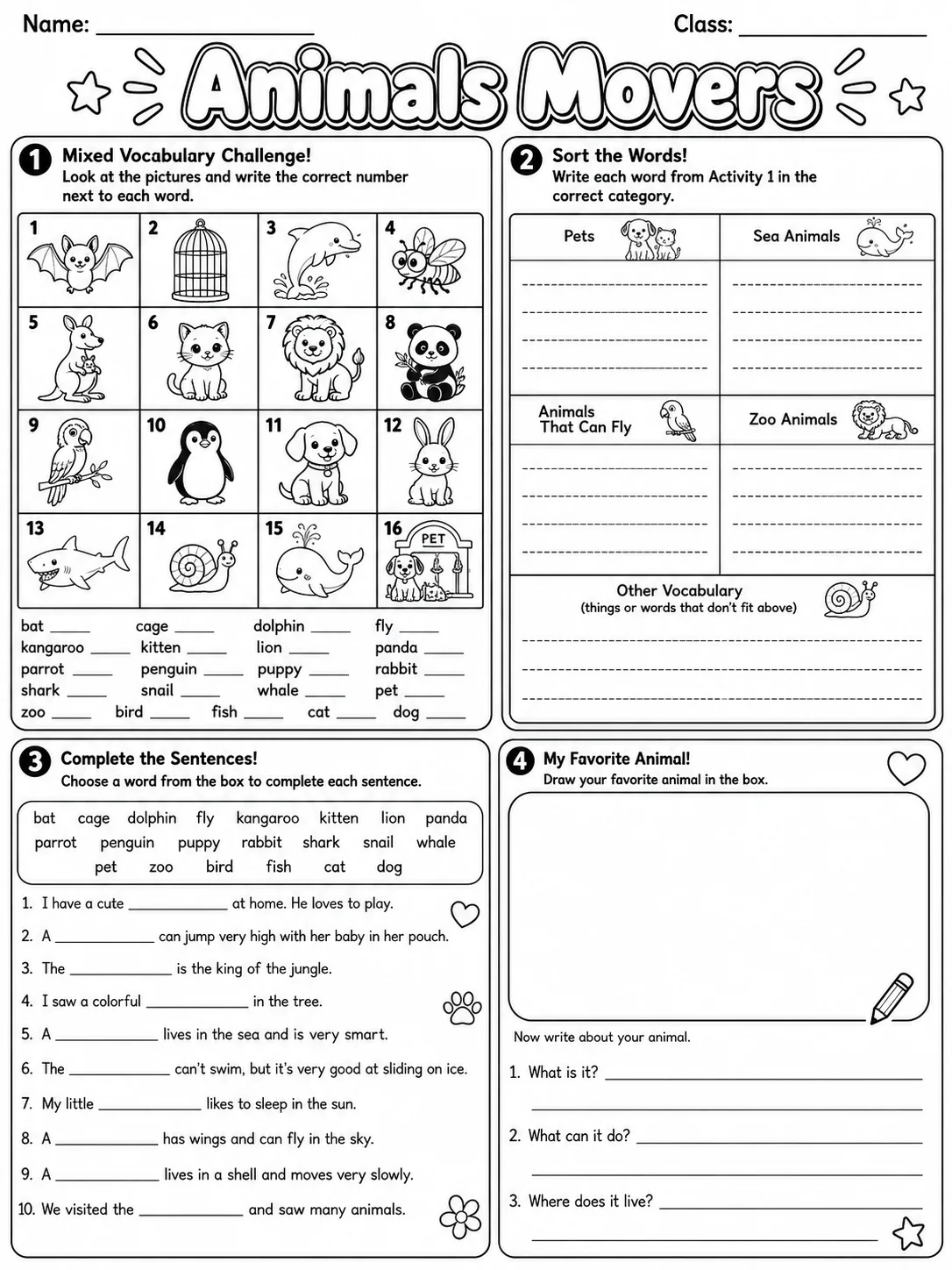 Animals Movers Vocabulary Worksheet Pack page 10 printable worksheet preview