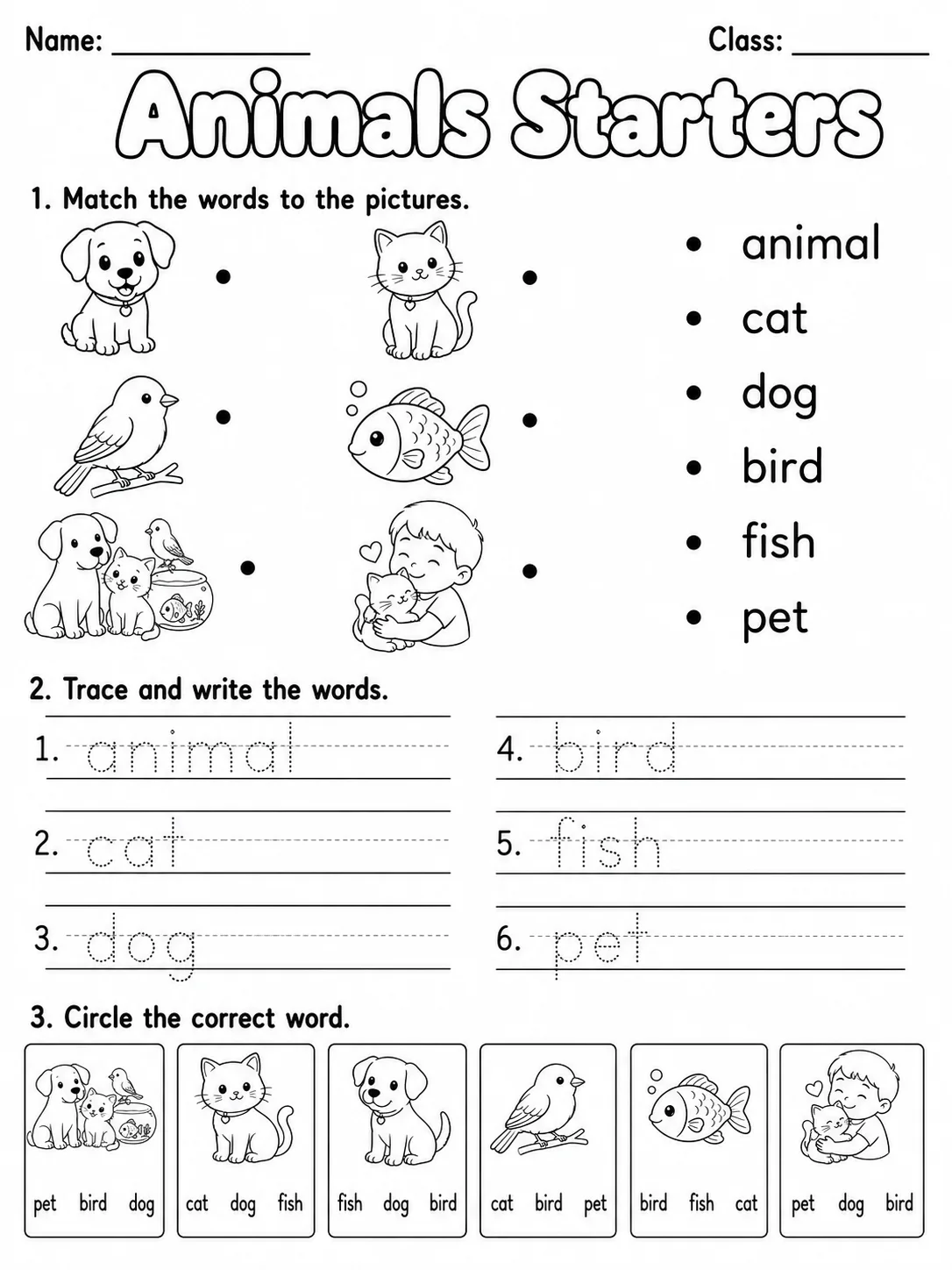 Animals Starters Vocabulary Worksheet Pack printable Starters English worksheet bundle preview from KiwiBee