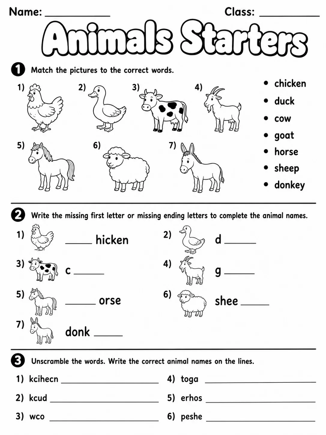Animals Starters Vocabulary Worksheet Pack page 2 printable worksheet preview