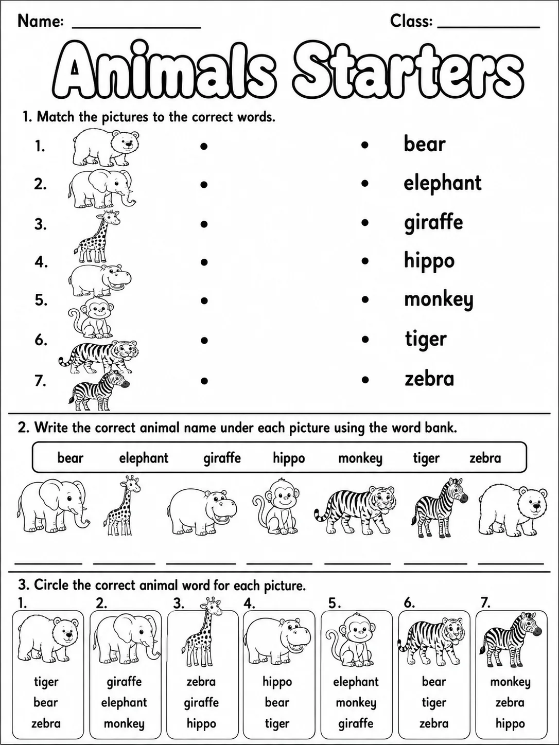 Animals Starters Vocabulary Worksheet Pack page 4 printable worksheet preview