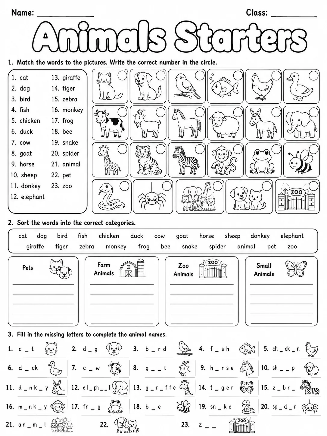 Animals Starters Vocabulary Worksheet Pack page 6 printable worksheet preview
