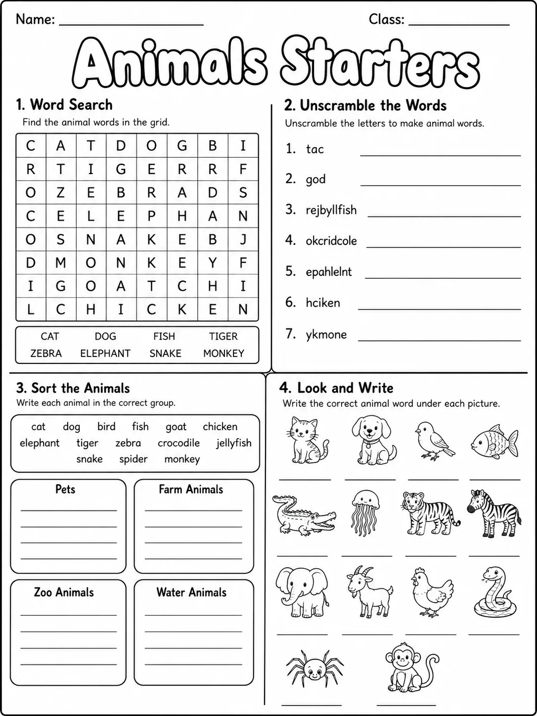 Animals Starters Vocabulary Worksheet Pack page 7 printable worksheet preview