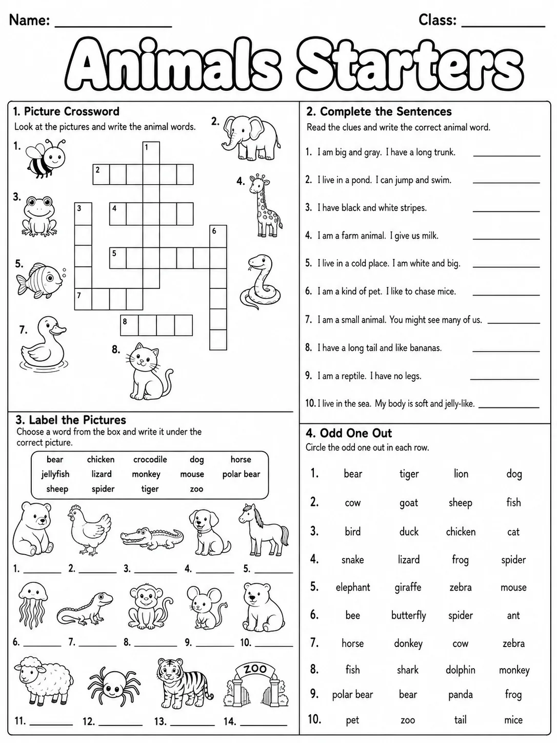 Animals Starters Vocabulary Worksheet Pack page 9 printable worksheet preview