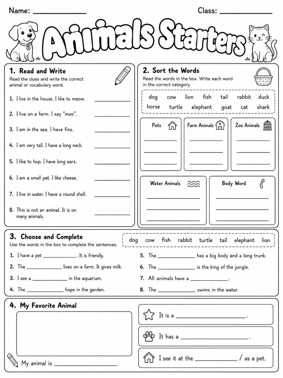Animals Starters Vocabulary Worksheet Pack page 10 printable worksheet preview