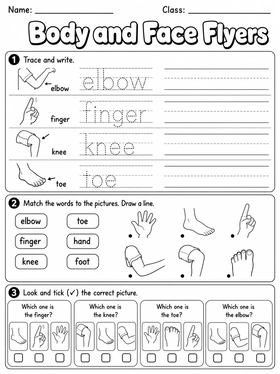 Body and Face Flyers Vocabulary Worksheet Pack printable Flyers English worksheet bundle preview from KiwiBee