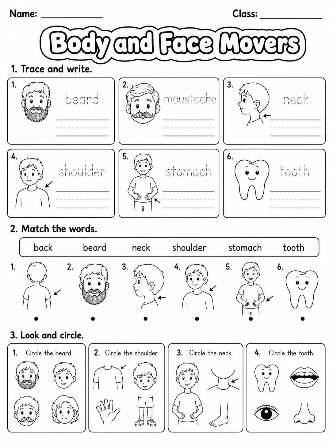 Body and Face Movers Vocabulary Worksheet Pack printable Movers English worksheet bundle preview from KiwiBee