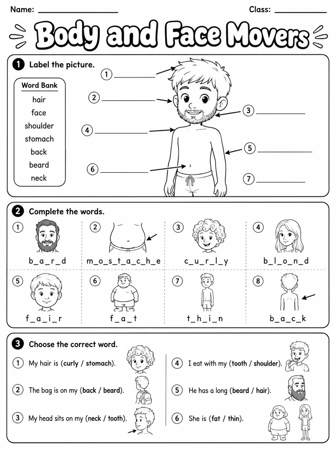 Body and Face Movers Vocabulary Worksheet Pack page 2 printable worksheet preview