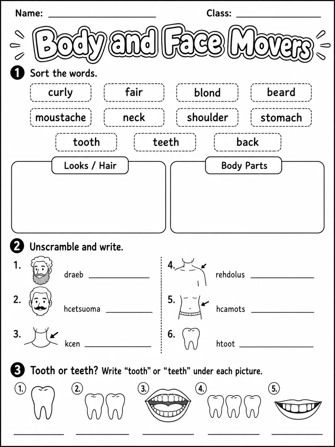 Body and Face Movers Vocabulary Worksheet Pack page 3 printable worksheet preview