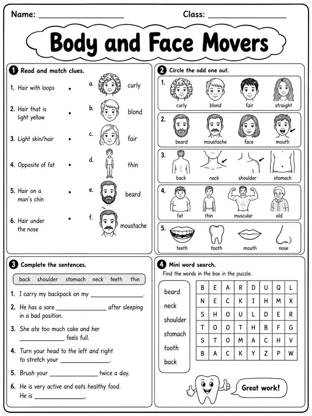 Body and Face Movers Vocabulary Worksheet Pack page 4 printable worksheet preview
