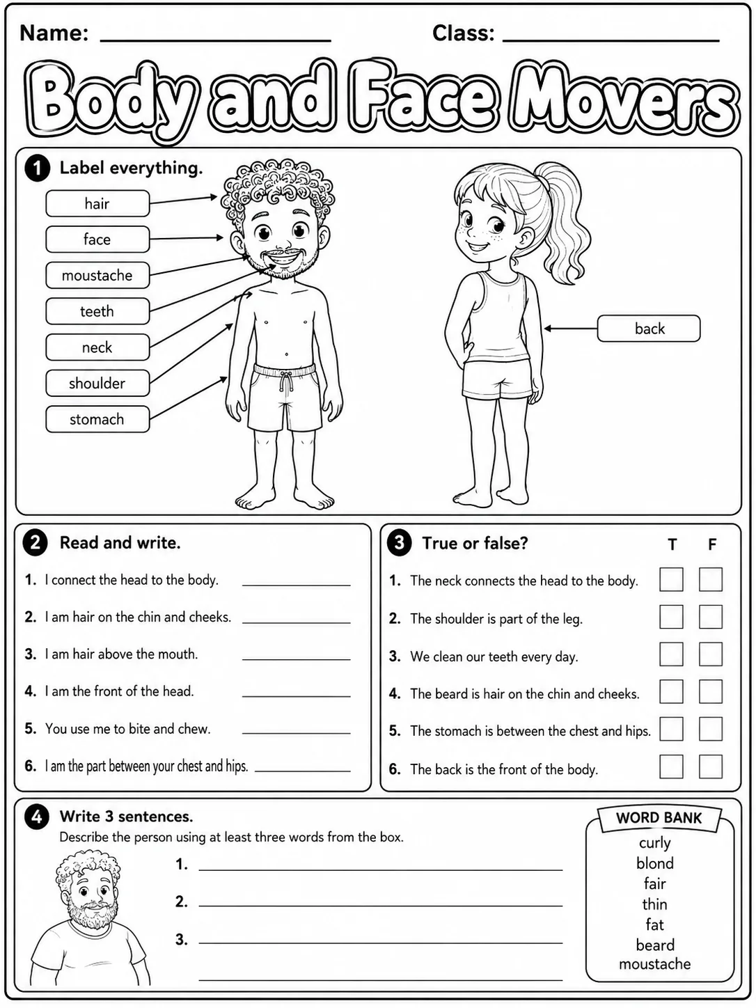 Body and Face Movers Vocabulary Worksheet Pack page 5 printable worksheet preview