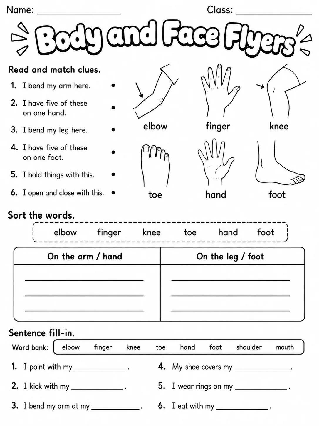 Body and Face Movers Vocabulary Worksheet Pack page 8 printable worksheet preview