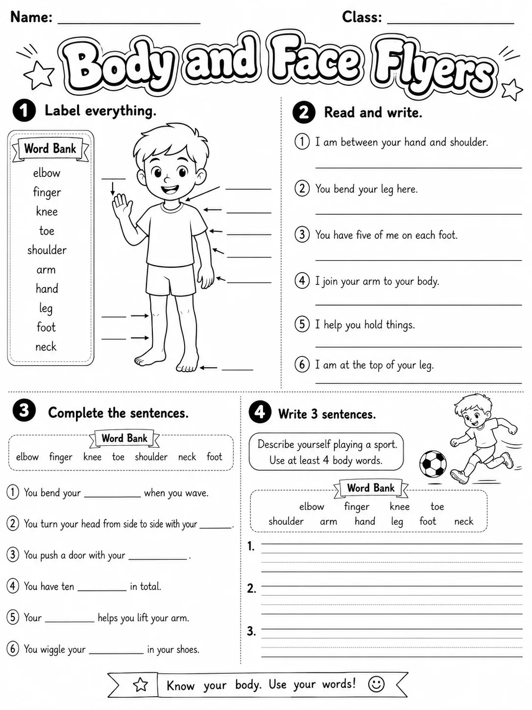 Body and Face Movers Vocabulary Worksheet Pack page 10 printable worksheet preview