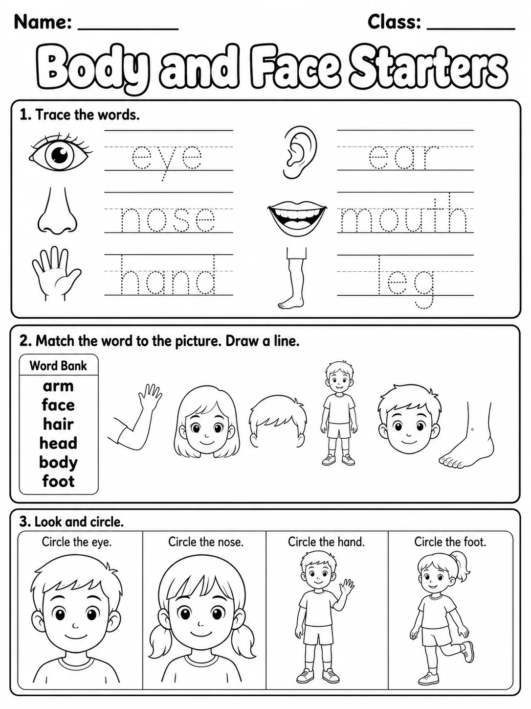 Body and Face Starters Vocabulary Worksheet Pack printable Starters English worksheet bundle preview from KiwiBee