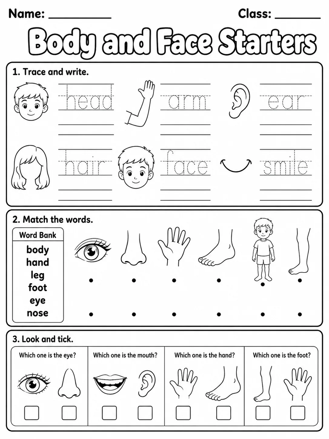 Body and Face Starters Vocabulary Worksheet Pack page 2 printable worksheet preview
