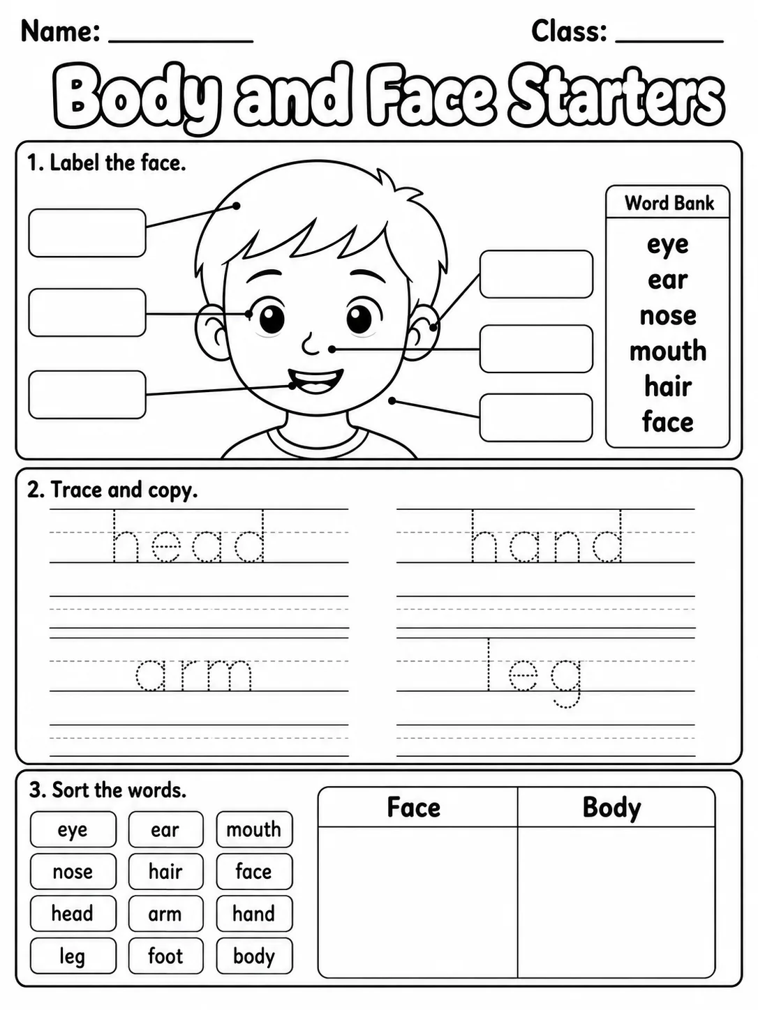 Body and Face Starters Vocabulary Worksheet Pack page 3 printable worksheet preview