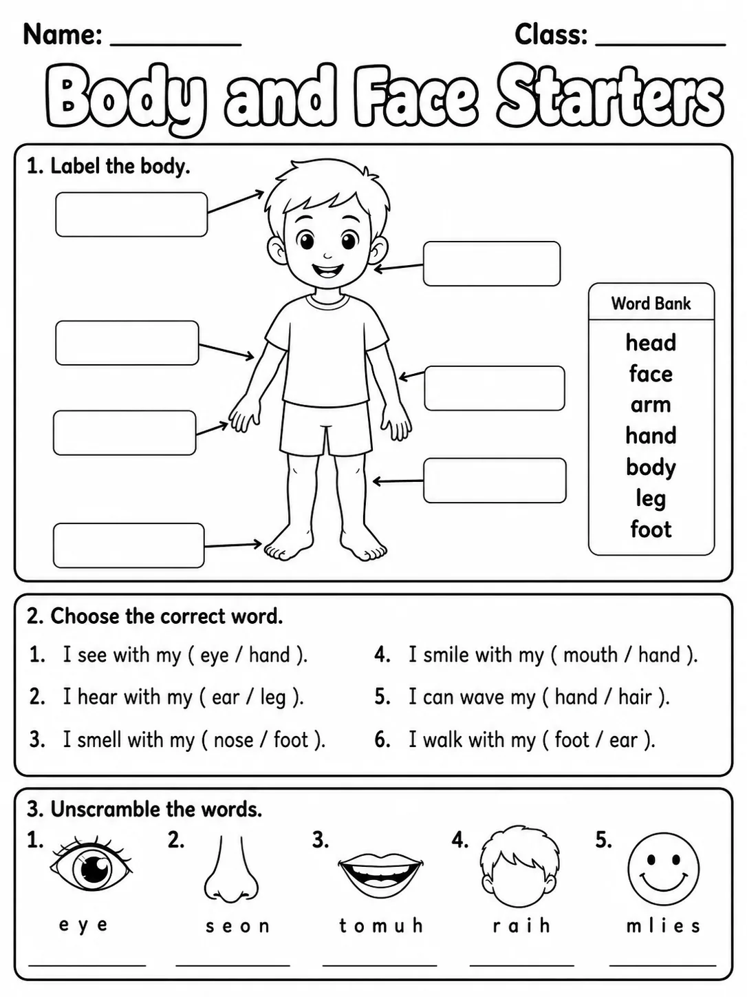 Body and Face Starters Vocabulary Worksheet Pack page 4 printable worksheet preview