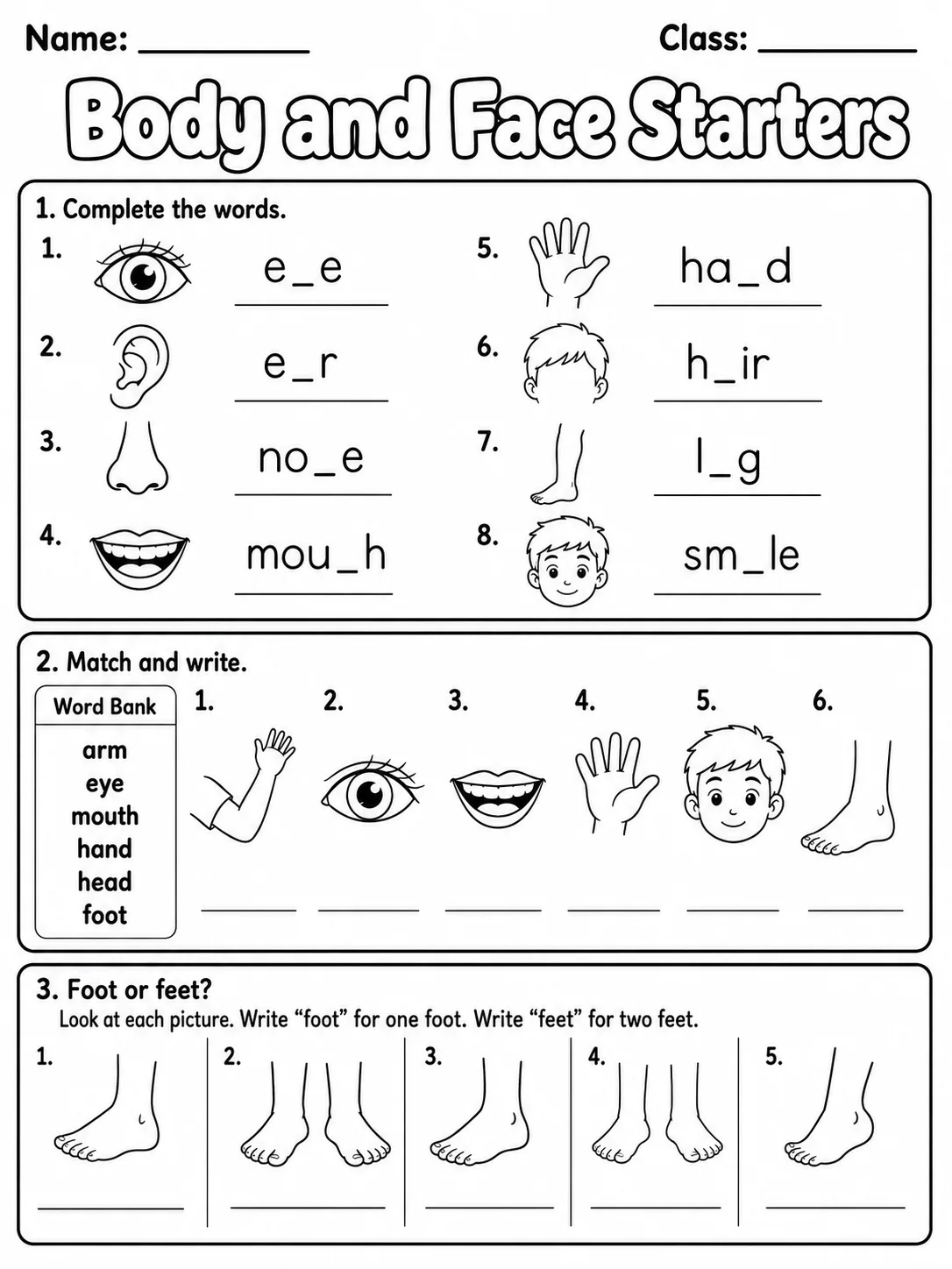 Body and Face Starters Vocabulary Worksheet Pack page 5 printable worksheet preview