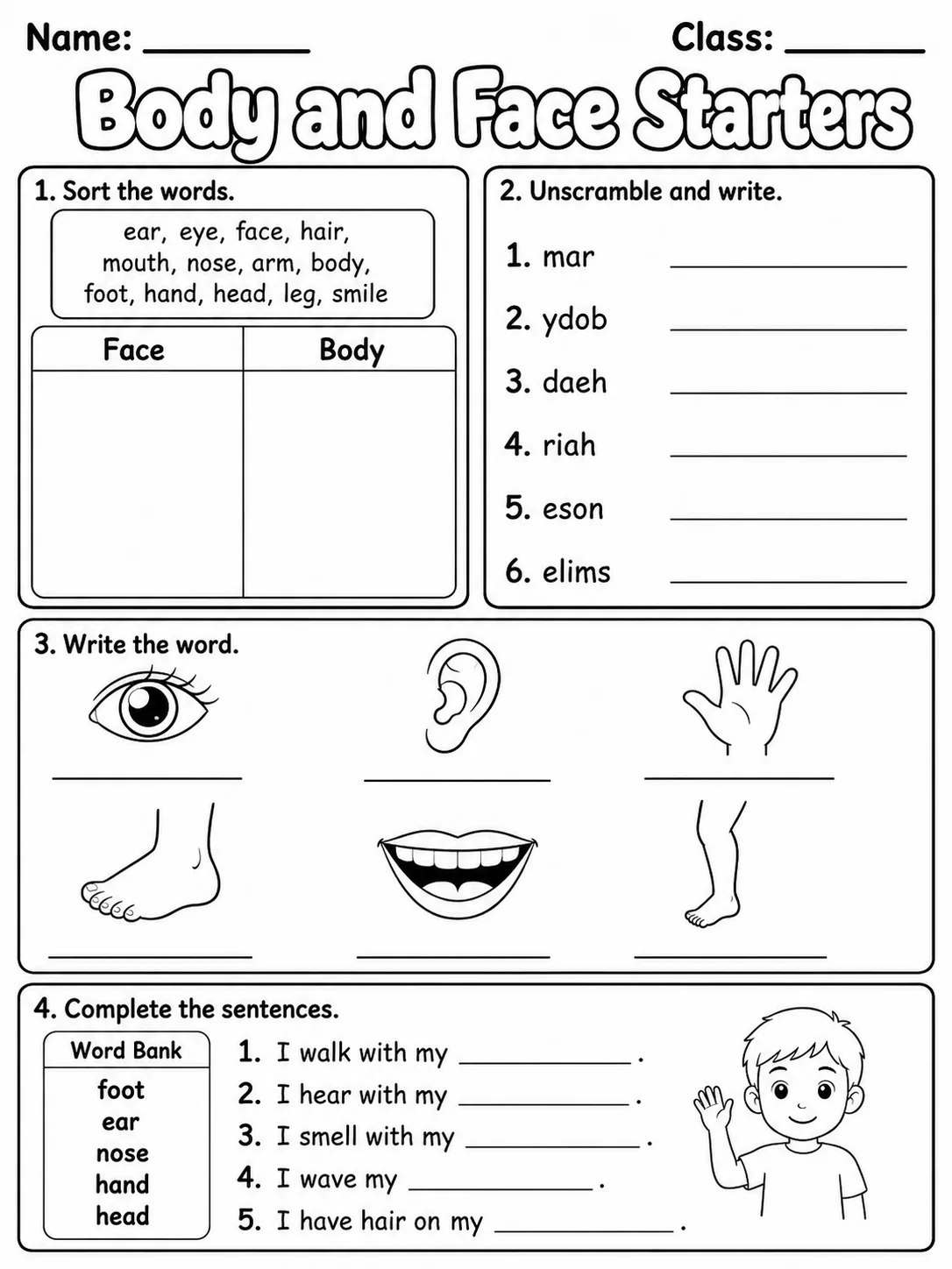 Body and Face Starters Vocabulary Worksheet Pack page 7 printable worksheet preview