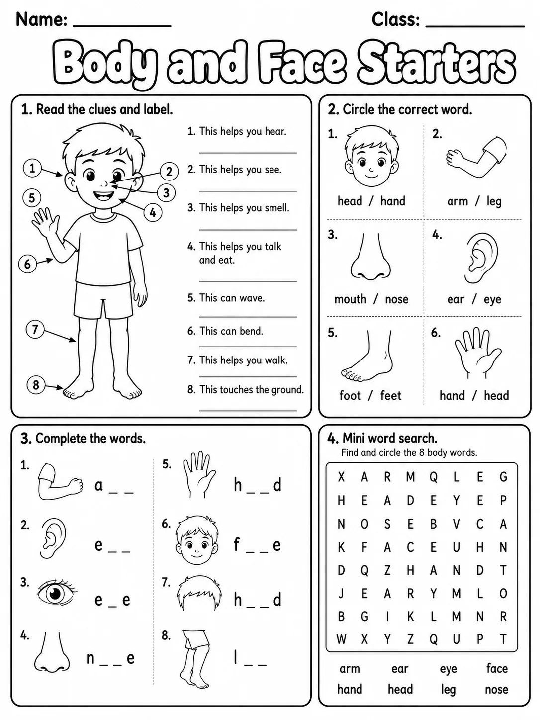Body and Face Starters Vocabulary Worksheet Pack page 8 printable worksheet preview