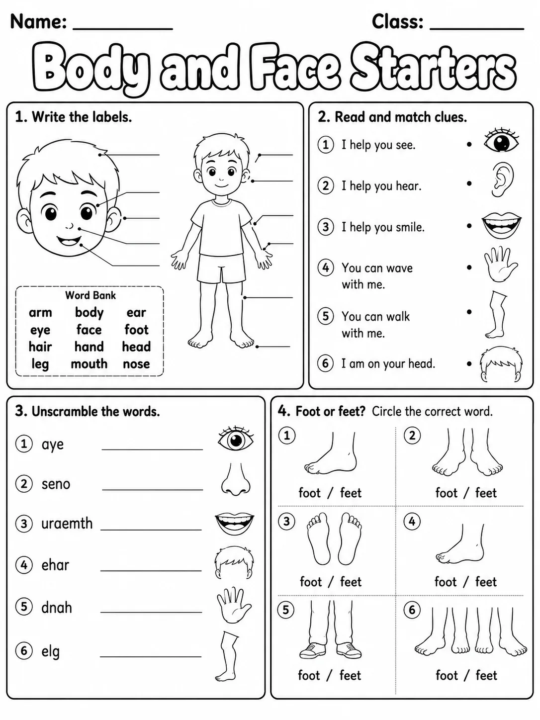 Body and Face Starters Vocabulary Worksheet Pack page 9 printable worksheet preview