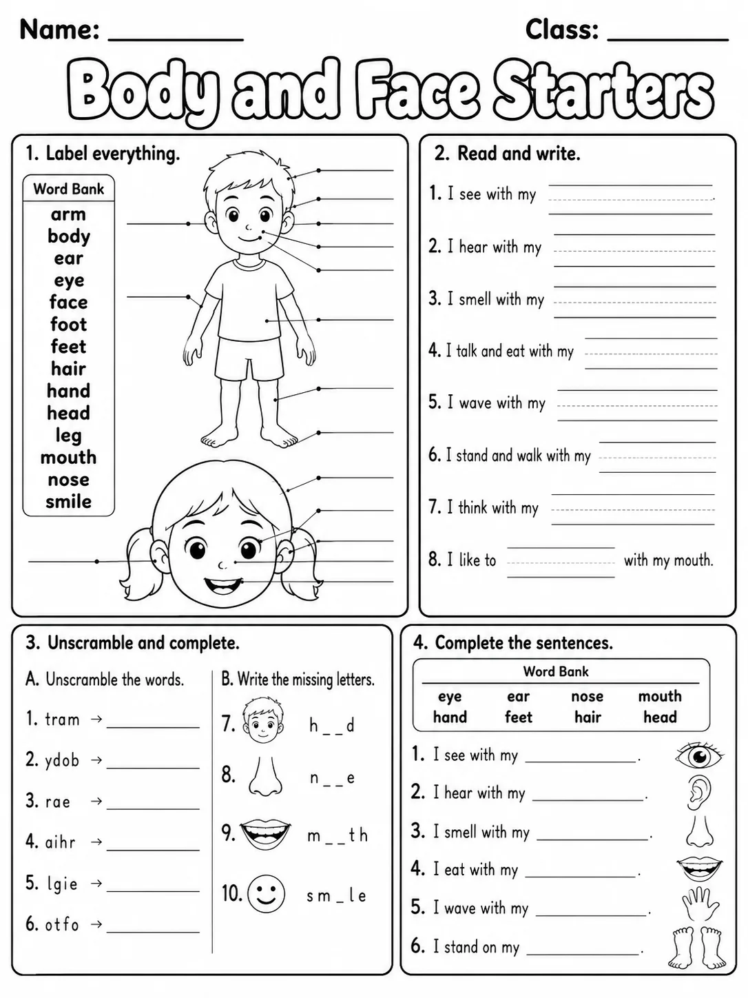 Body and Face Starters Vocabulary Worksheet Pack page 10 printable worksheet preview