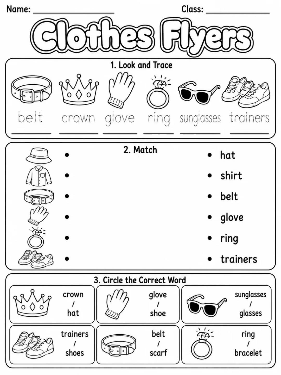 Clothes Flyers Vocabulary Worksheet Pack printable Flyers English worksheet pack preview from KiwiBee