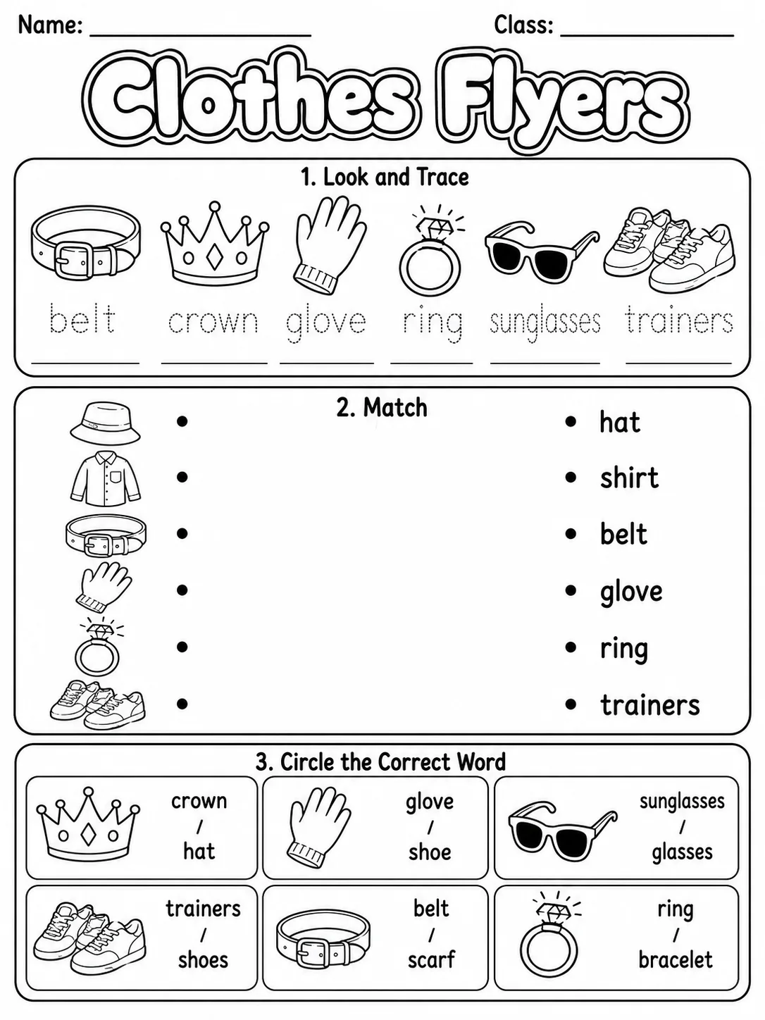 Clothes Flyers Vocabulary Worksheet Pack printable Flyers English worksheet bundle preview from KiwiBee