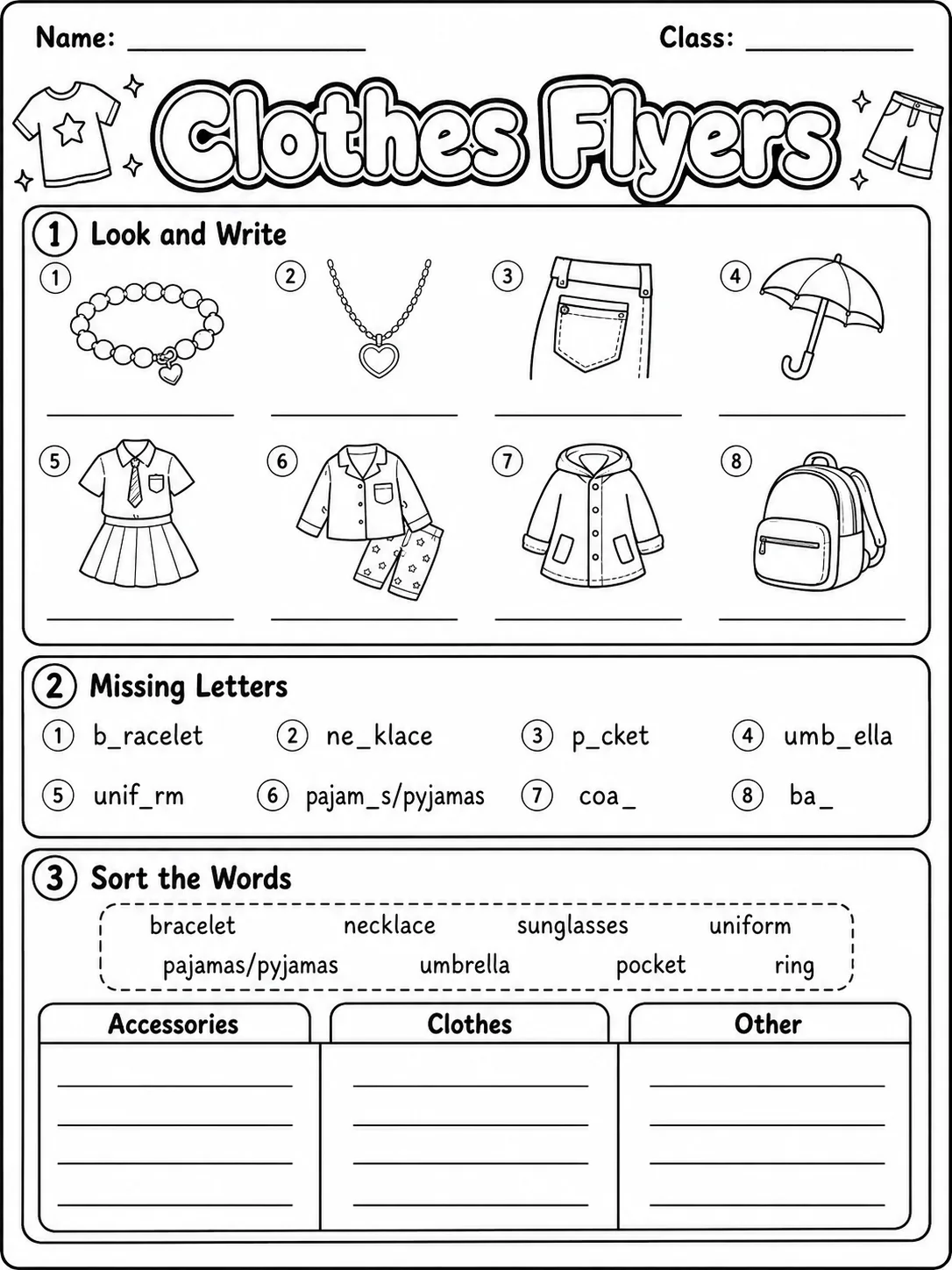 Clothes Flyers Vocabulary Worksheet Pack page 2 printable worksheet preview