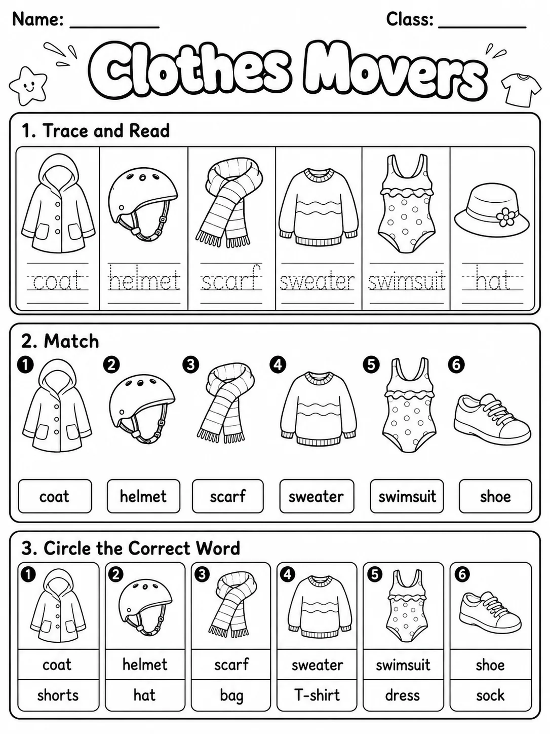 Clothes Movers Vocabulary Worksheet Pack printable Movers English worksheet bundle preview from KiwiBee