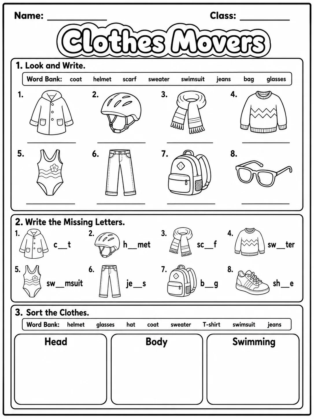 Clothes Movers Vocabulary Worksheet Pack page 2 printable worksheet preview