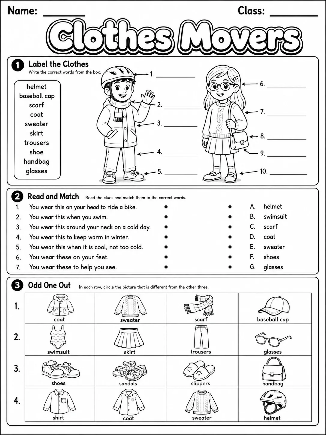 Clothes Movers Vocabulary Worksheet Pack page 3 printable worksheet preview