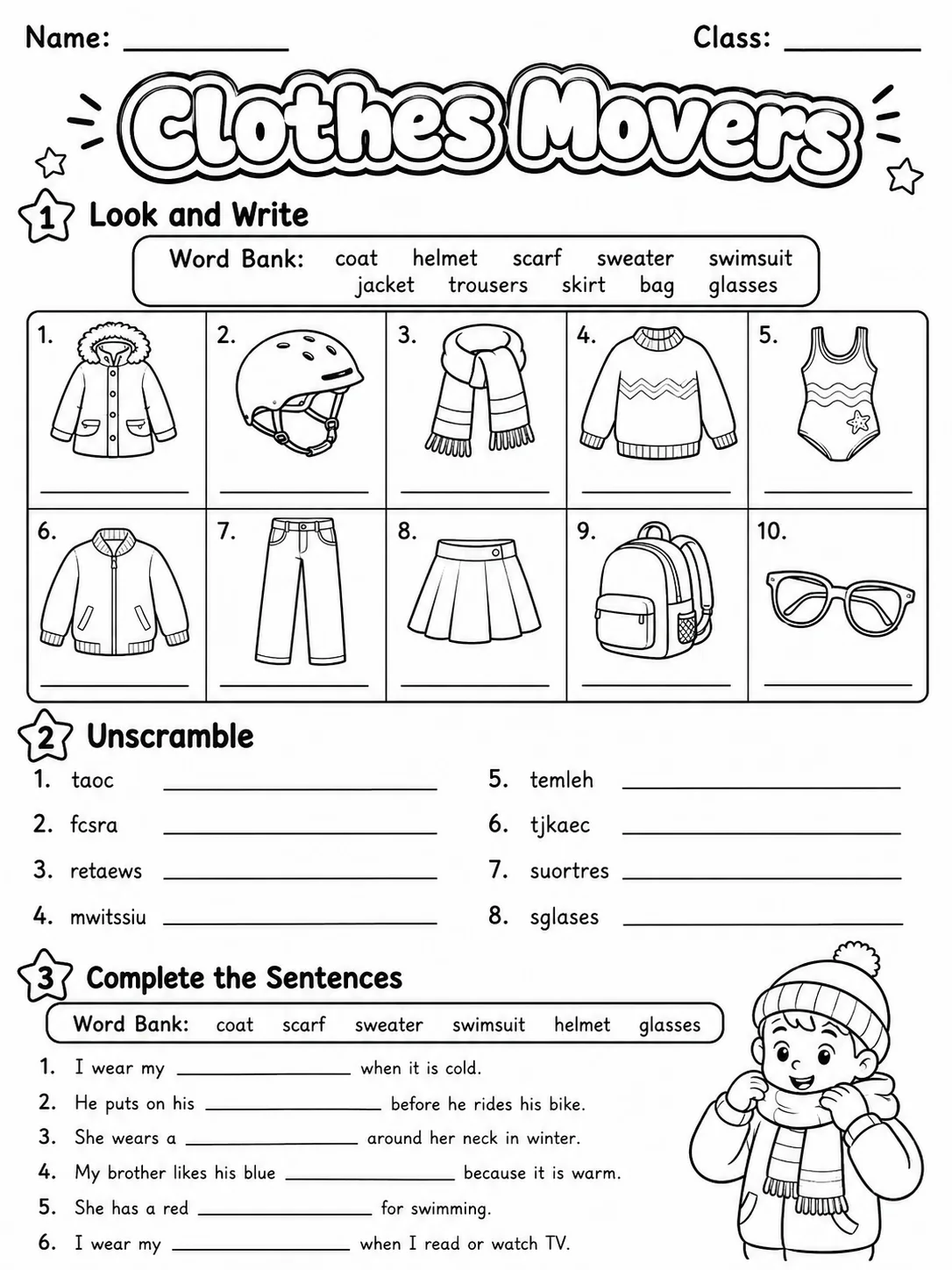 Clothes Movers Vocabulary Worksheet Pack page 5 printable worksheet preview