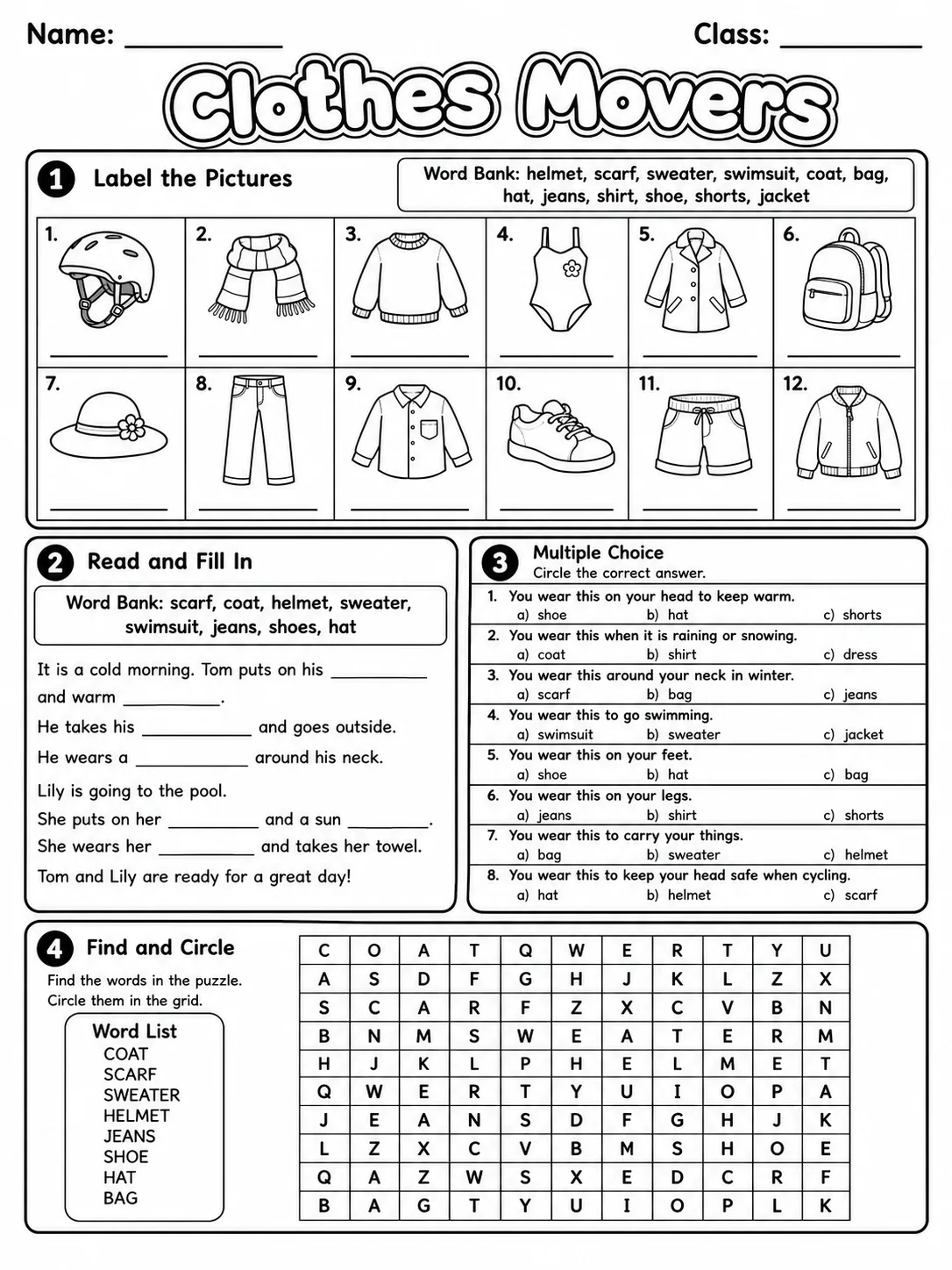 Clothes Movers Vocabulary Worksheet Pack page 6 printable worksheet preview