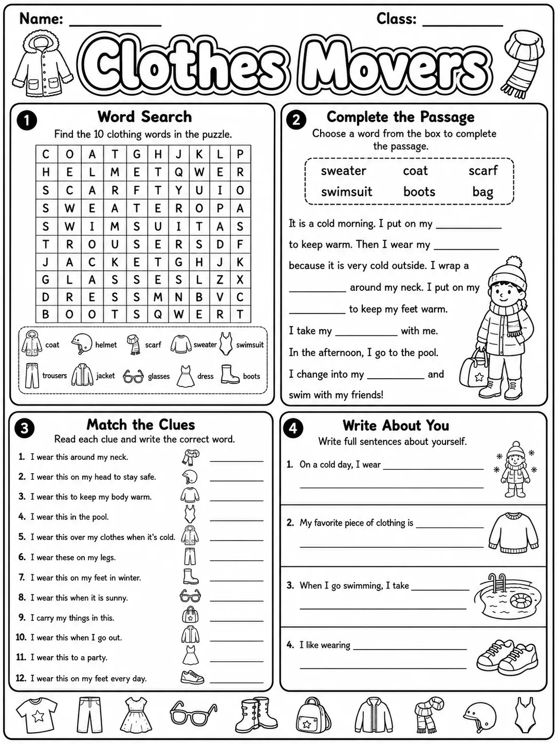 Clothes Movers Vocabulary Worksheet Pack page 7 printable worksheet preview