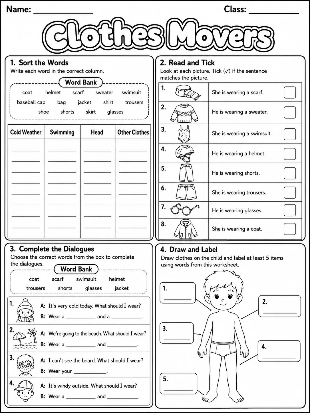Clothes Movers Vocabulary Worksheet Pack page 8 printable worksheet preview